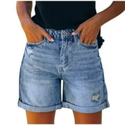 Pants for Women Pocket Jeans Denim Pants Female Hole Bottom Shorts Jeans for Women Blue L